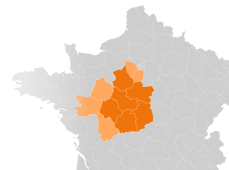 Carte de la zone d'intervention Alsun en Centre-Val de Loire